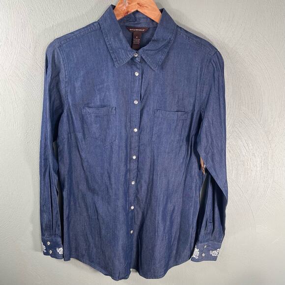 Bit & Bridle Indigo Denim Long Sleeve Button Down Western Women Shirt Size M - Picture 7 of 8